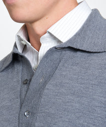 Pale Grey Merino Wool Long Sleeve Polo Shirt