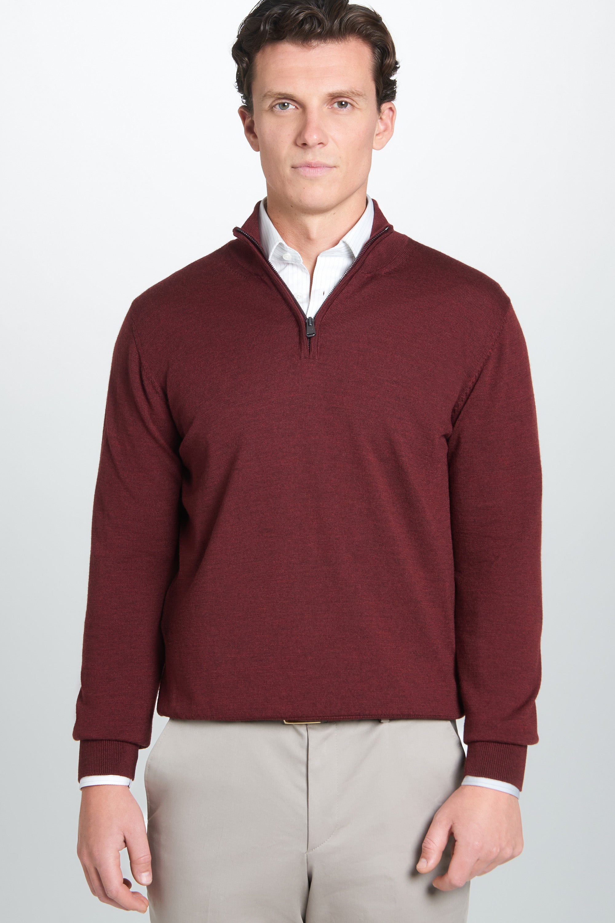 Burgundy Merino Wool Zip Neck Sweater