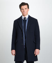 Navy Blue British Wool Herringbone Notch Lapel Overcoat