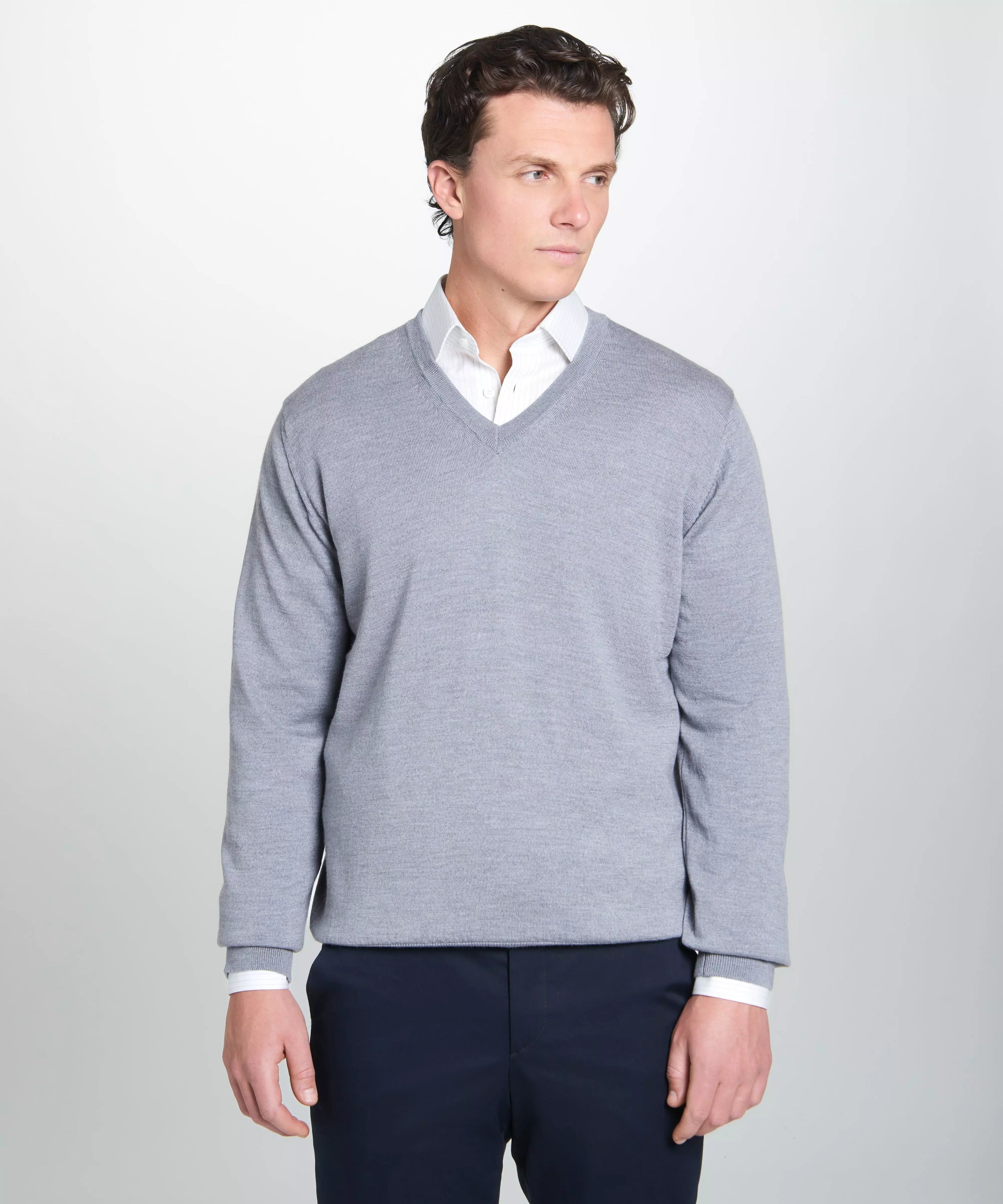 Pale Grey Merino Wool V-Neck Sweater
