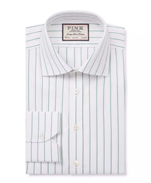 White & Green Tailored Fit Formal Wide Pin Stripe Shirt