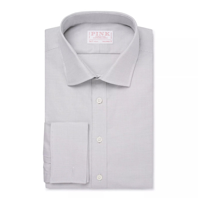 Pale Grey Tailored Fit Double Cuff Jacquard Micro Check Formal Shirt