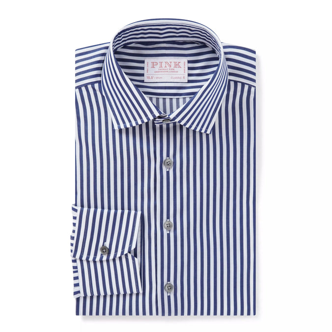 Navy & White Classic Fit Twill Bengal Stripe Formal Shirt