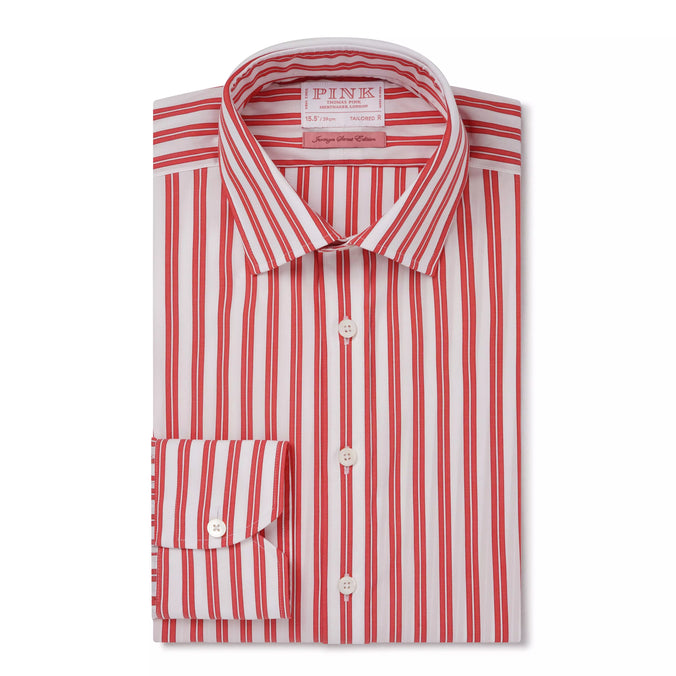 Red & White Tailored Fit Double Stripe Formal Shirt