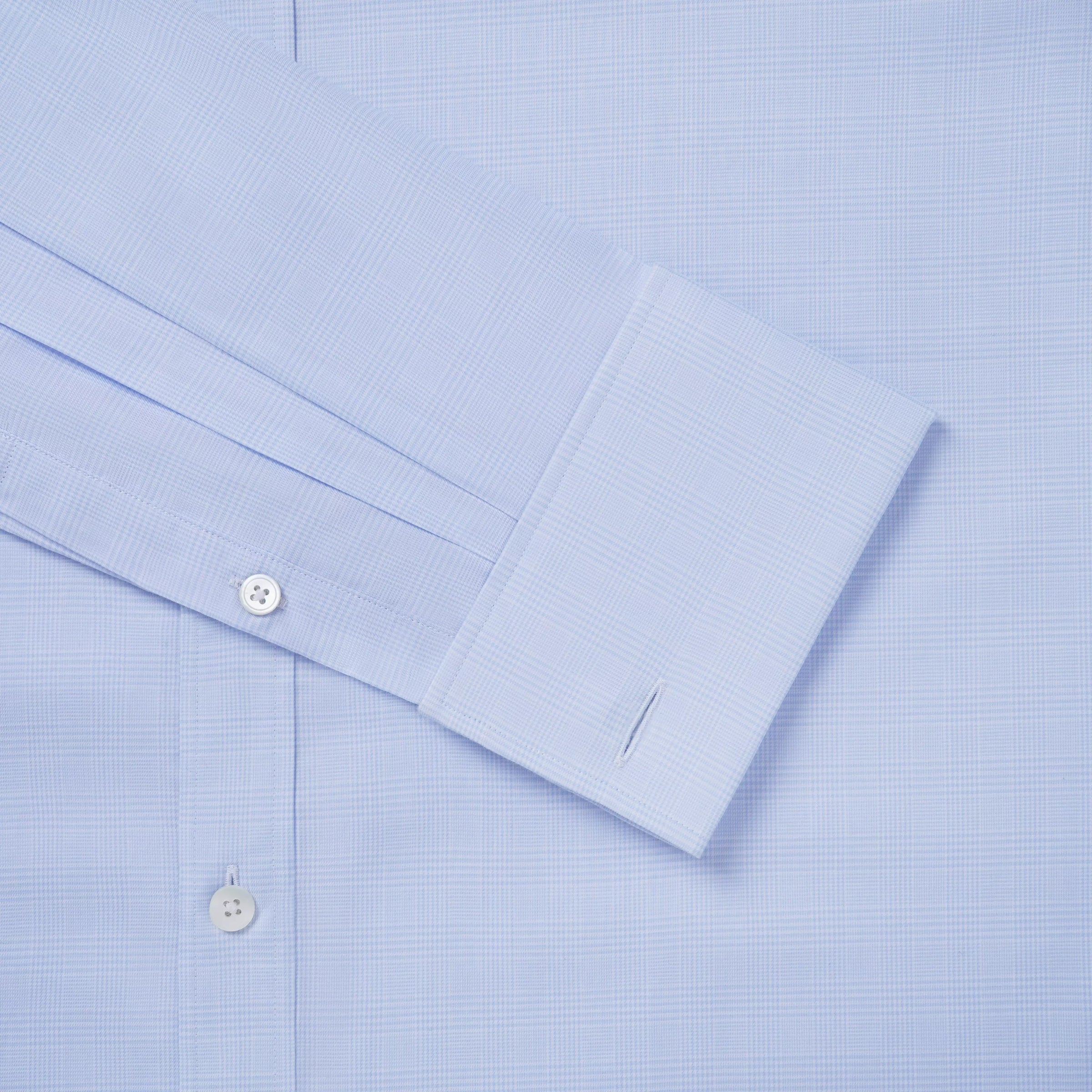 Pale Blue & White Classic Fit Double Cuff Prince of Wales Check Formal Shirt