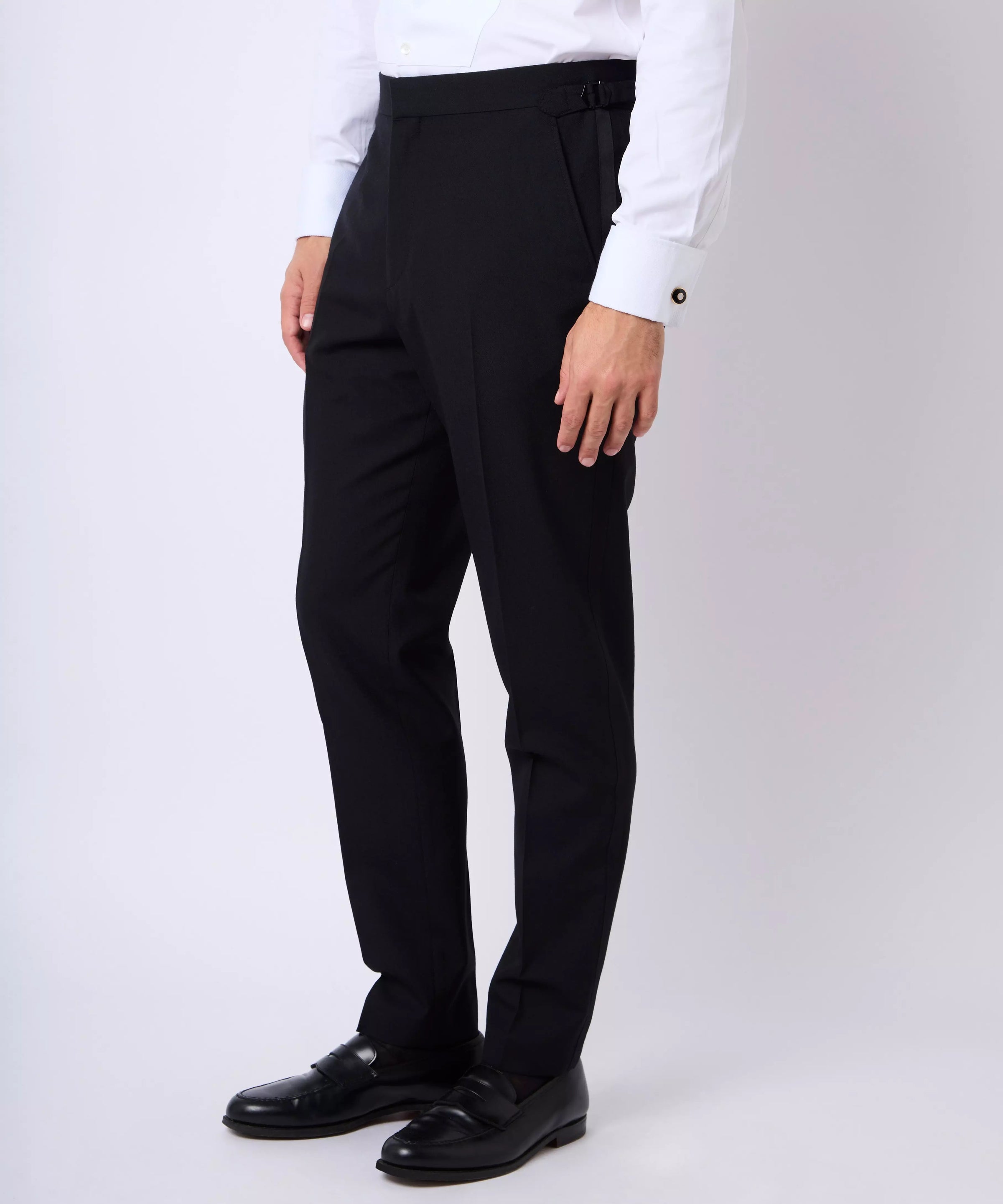 Black Tailored Fit Merino Wool Flat Front Evening Trousers